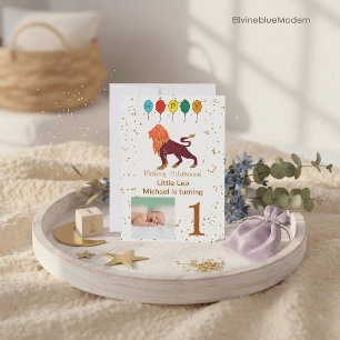 Leo First Birthday Gold, Balloons & Photo Invitation