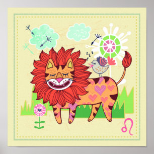 Leo Lion Cat Zodiac Nursery Print