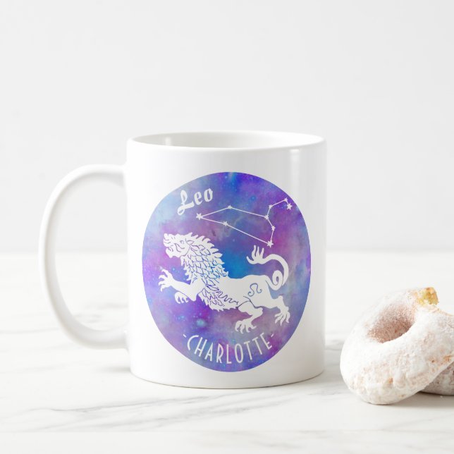 Leo Lion Constellation Stars Name Birthday Gift Coffee Mug (With Donut)