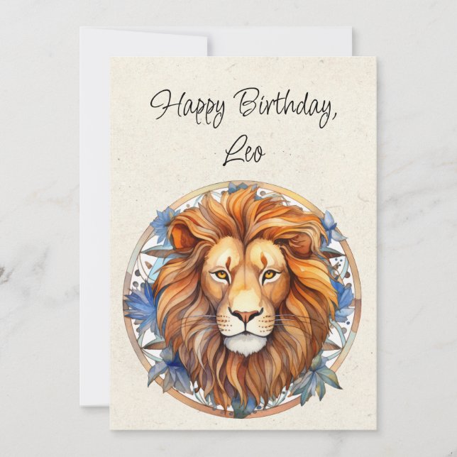 Leo Lion Zodiac Watercolor Birthday Flat Card (Front)