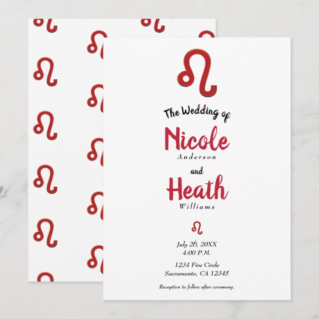 LEO Red Zodiac Astrology July August Wedding   Invitation (Front/Back)