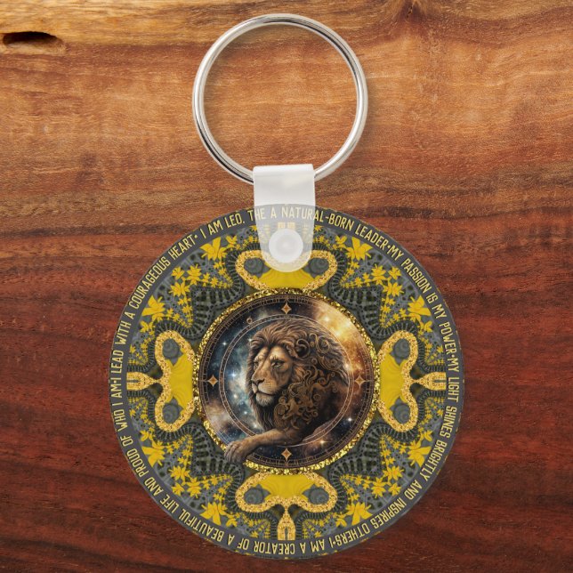 Leo Sign Affirmations Gold Yellow Fractal Mandala Key Ring (Front)