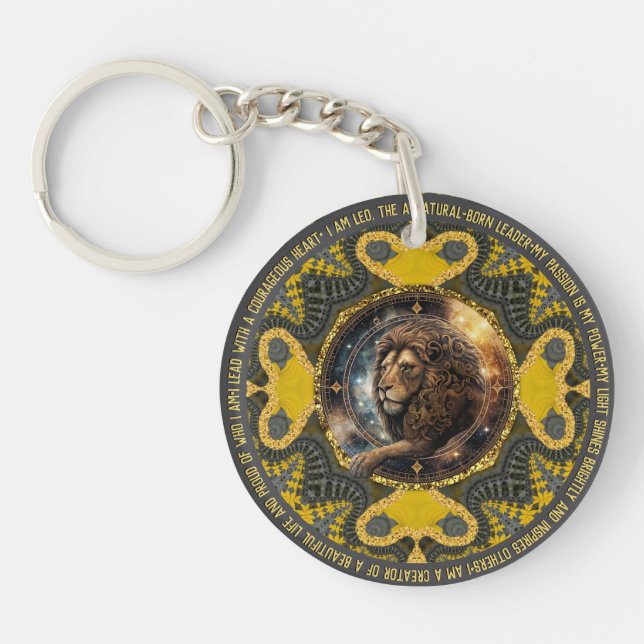 Leo Sign Affirmations Gold Yellow Fractal Mandala  Key Ring (Front)