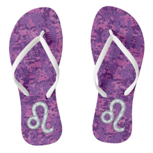 Leo Sign on Girly Pink Fuchsia Digital Camo Flip Flops