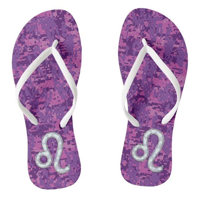 Leo Sign on Girly Pink Fuchsia Digital Camo Flip Flops (Footbed)