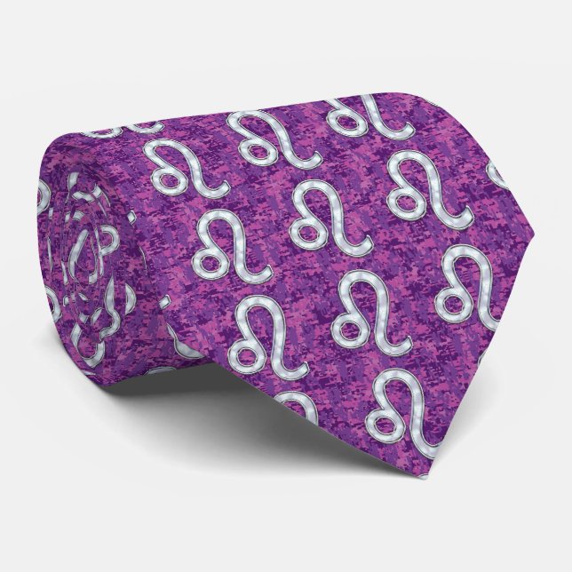 Leo Sign on Girly Pink Fuchsia Digital Camo Tie (Rolled)