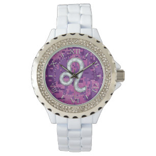 Leo Sign on Pink Fuchsia Camouflage Dial Watch
