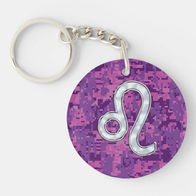 Leo Sign on Pink Fuchsia Digital Camouflage Key Ring (Front)