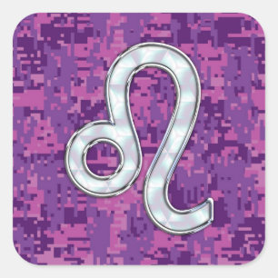Leo Sign on Pink Fuchsia Digital Camouflage Square Sticker