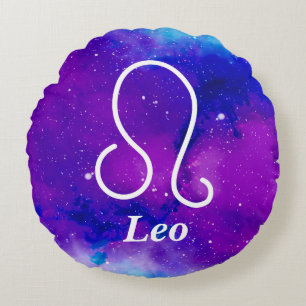 Leo Symbol Purple Blue Space Nebula Round Cushion