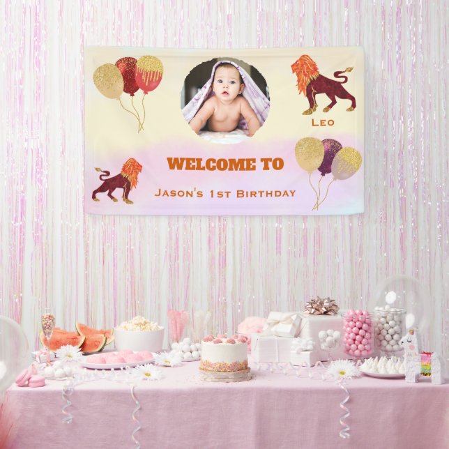 Leo Watercolor 1st Birthday Photo Sign (Party)