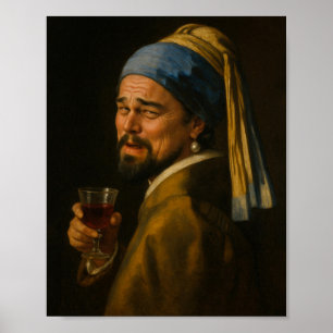 Leo with a Pearl Earring - Vermeer Art Meme Parody Poster