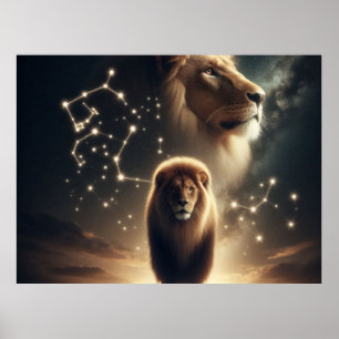 Leo Zodiac Art - Majestic Lion and Constellation.  Poster