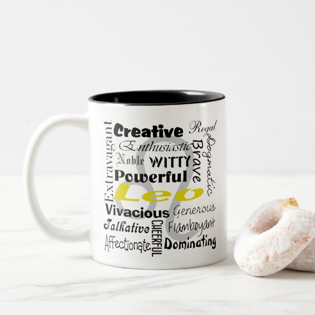 Leo Zodiac Astrology Horoscope Traits Collage Two-Tone Coffee Mug (With Donut)