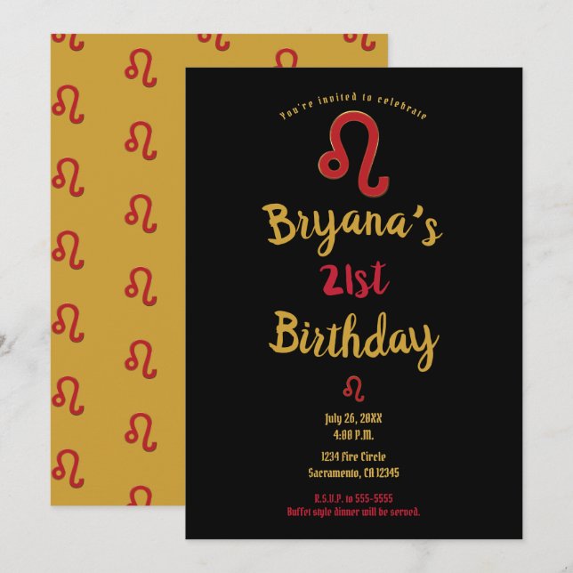 LEO Zodiac Astrology July August Birthday Party Invitation (Front/Back)