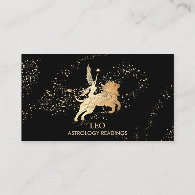 *~* LEO Zodiac Astrology Reading Gold  Black Business Card (Front)