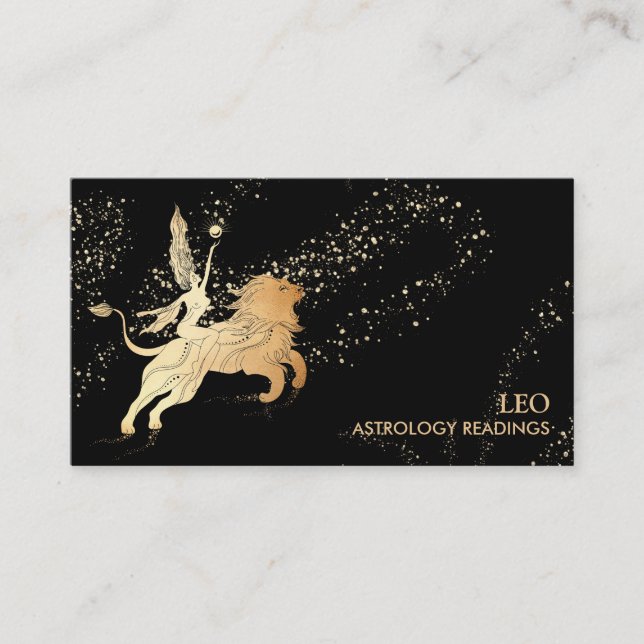 *~* LEO Zodiac Astrology Readings Gold  Black Business Card (Front)