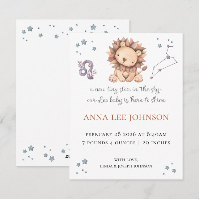 Leo Zodiac Birth Announcement (Front/Back)