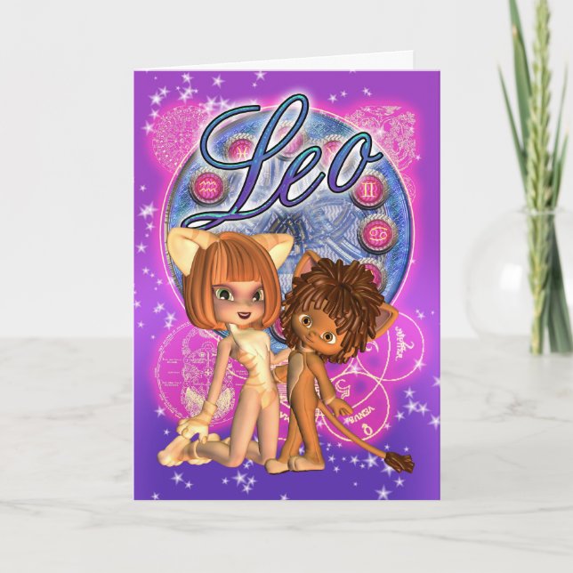 Leo Zodiac Card With Cute Lion And Cat Girl (Front)