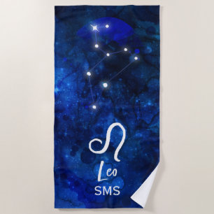 Leo Zodiac Constellation Dark Blue Galaxy Monogram Beach Towel