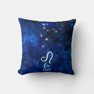 Leo Zodiac Constellation Dark Blue Galaxy Monogram Cushion