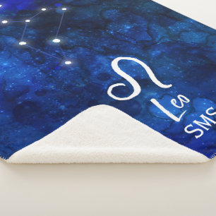 Leo Zodiac Constellation Dark Blue Galaxy Monogram Sherpa Blanket