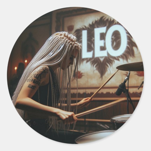 Leo Zodiac Musician Drums Classic Round Sticker (Front)