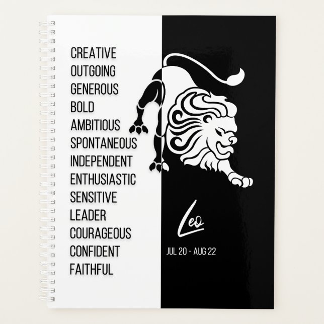 Leo Zodiac Sign, Black & White Planner (Front)