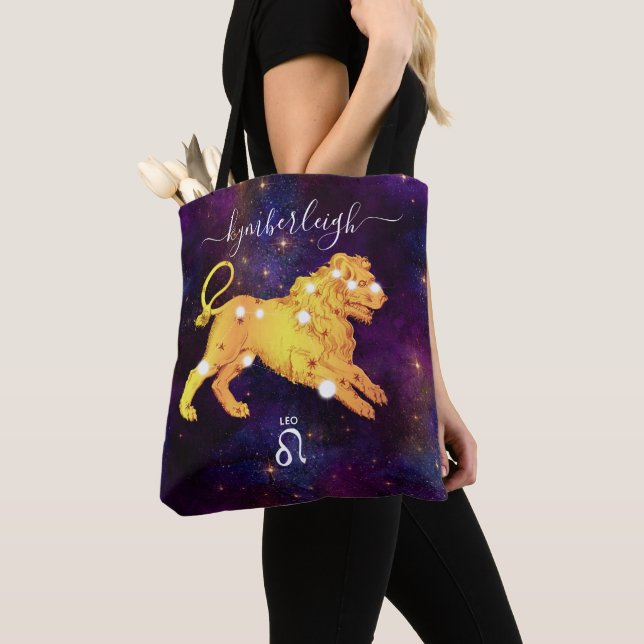 Leo Zodiac Sign Cosmic Monogram Name Gold Purple Tote Bag (Close Up)