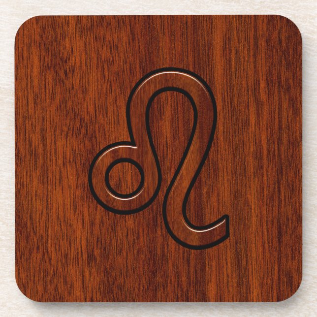 Leo Zodiac Sign in Brown Mahogany wood style Coaster (Front)