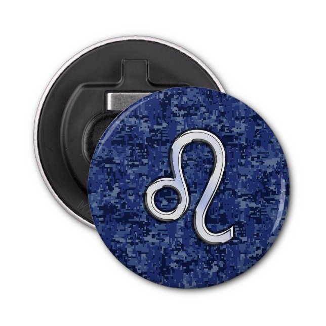 Leo Zodiac Sign on Blue Digital Camouflage Bottle Opener (Front)