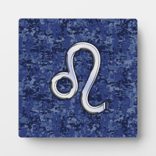 Leo Zodiac Sign on Blue Digital Camouflage Plaque