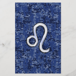 Leo Zodiac Sign on Blue Digital Camouflage Stationery
