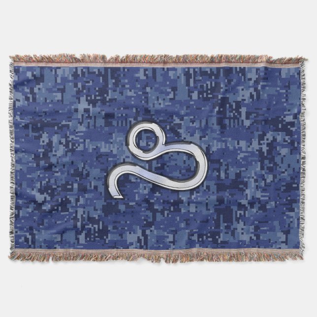 Leo Zodiac Sign on Blue Digital Camouflage Throw Blanket (Front)