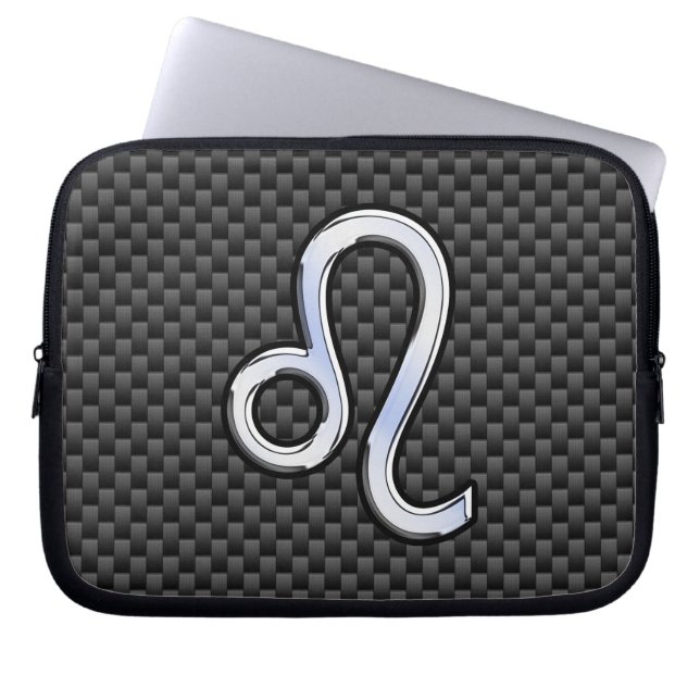 Leo Zodiac Sign on Charcoal Carbon Fibre Print Laptop Sleeve (Front)