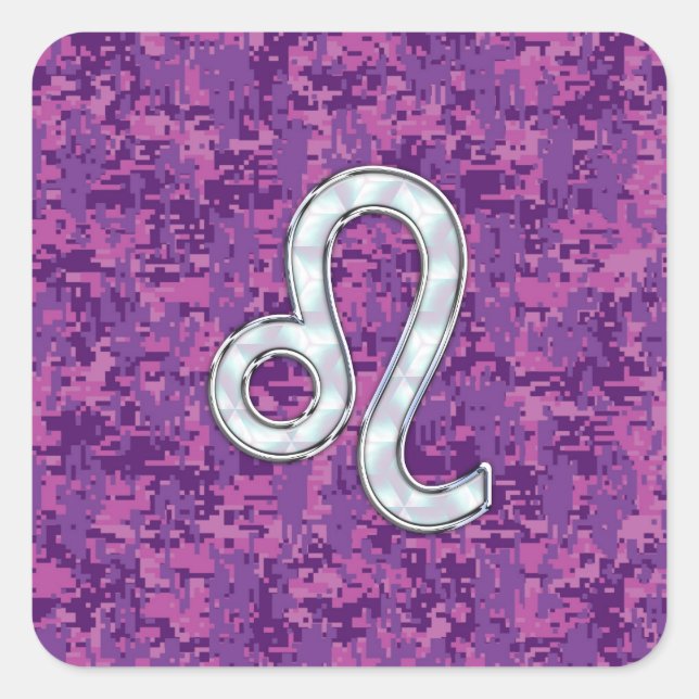 Leo Zodiac Sign on Fuchsia Digital Camouflage Square Sticker (Front)