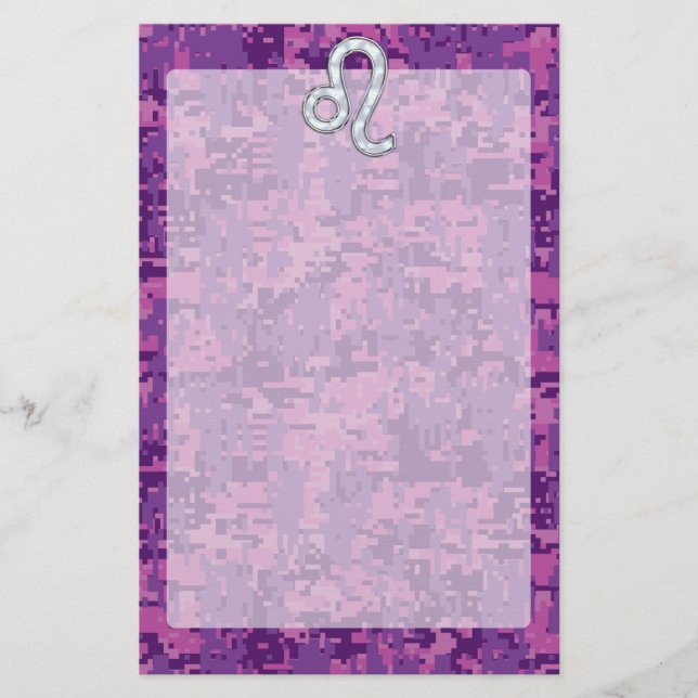 Leo Zodiac Sign on Fuchsia Digital Camouflage Stationery (Front)