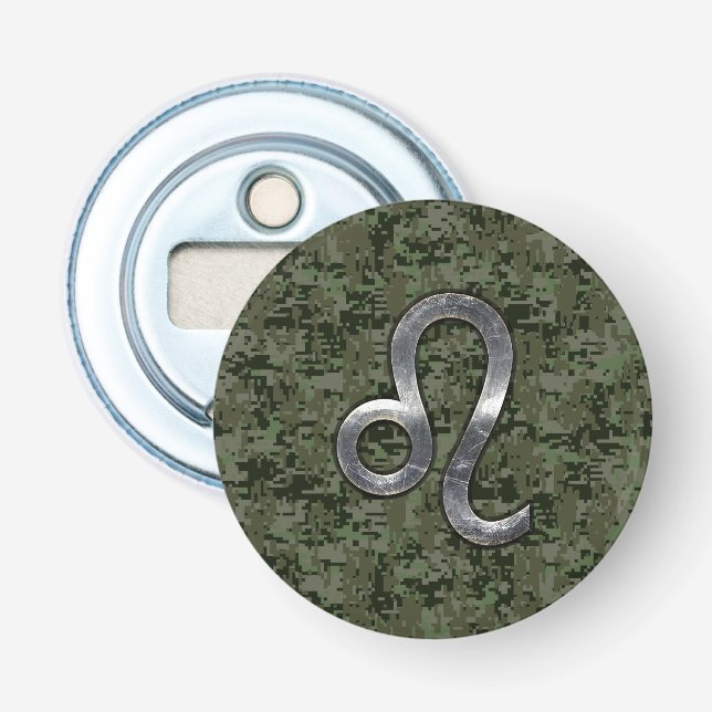 Leo Zodiac Sign on Green Digital Camo Bottle Opener (Front)