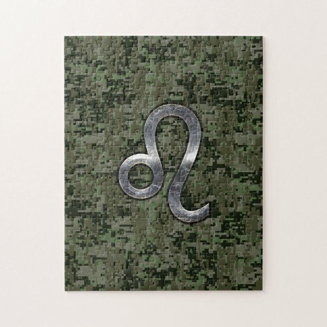 Leo Zodiac Sign on Green Digital Camouflage Jigsaw Puzzle (Vertical)