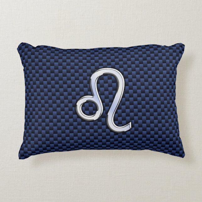 Leo Zodiac Sign on Navy Blue Carbon Fibre Print Decorative Cushion (Front)