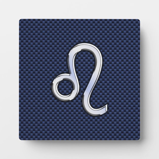 Leo Zodiac Sign on Navy Blue Carbon Fibre Print Plaque (Front)