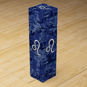 Leo Zodiac Sign on Navy Blue Digital Camo Wine Gift Box