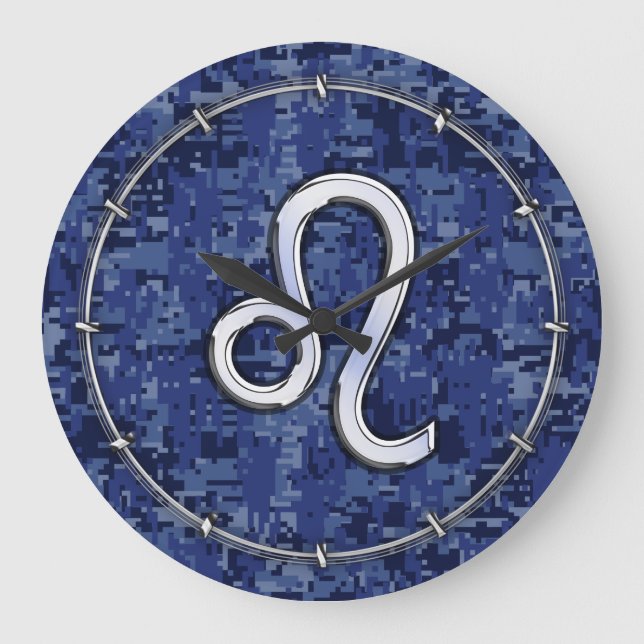 Leo Zodiac Sign on Navy Blue Digital Camouflage Large Clock (Front)