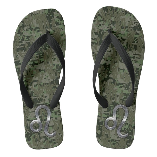 Leo Zodiac Sign on Olive Green Digital Camo Flip Flops (Footbed)