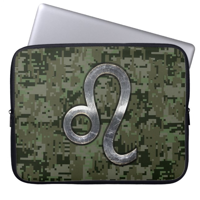 Leo Zodiac Sign on Olive Green Digital Camo Laptop Sleeve (Front)