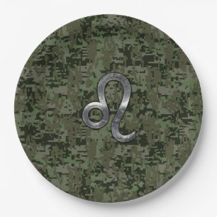 Leo Zodiac Sign on Olive Green Digital Camo Paper Plate