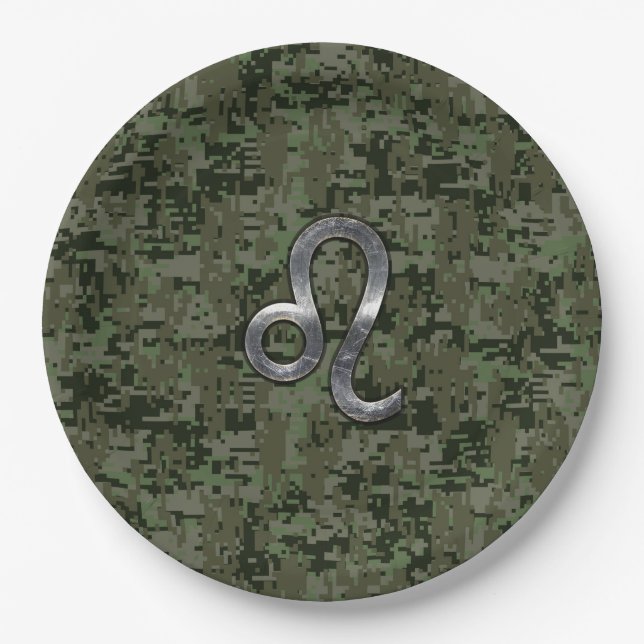 Leo Zodiac Sign on Olive Green Digital Camo Paper Plate (Front)