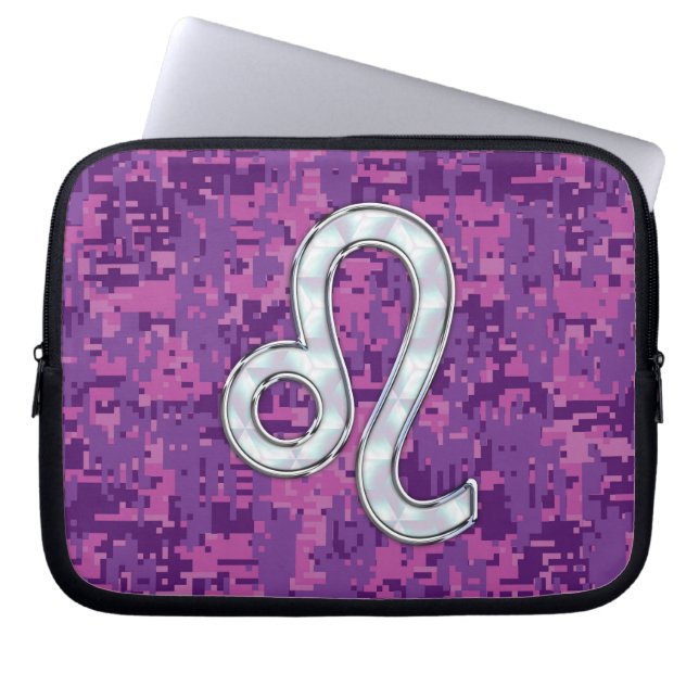 Leo Zodiac Sign on Pink Fuchsia Digital Camo Laptop Sleeve (Front)