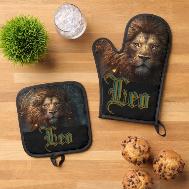 Leo Zodiac Sign Oven Mitt & Pot Holder Set (Top Down)