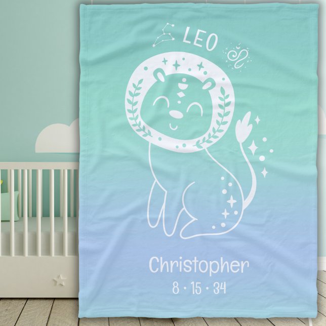 Leo Zodiac Star Custom Name Birthdate Blue Baby Fleece Blanket (Creator Uploaded)